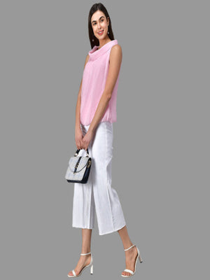 Chic Pink Pleated Sleeveless Top with Cowl Neck Detail