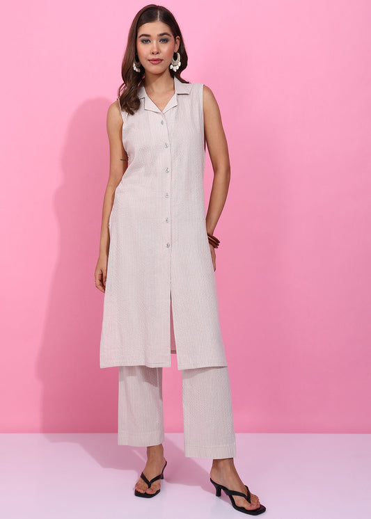 Elegant Solid Cotton Kurta Pant Set for Women – Sleeveless Button-Down Kurta with Straight Pants RUDRAAKSHA