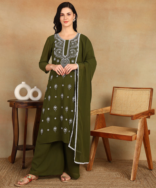 Chikankari Straight Kurta with Palazzo & Dupatta set
