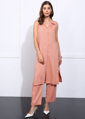 Peach Blush Cotton Co-Ord Set for Women | Sleeveless Button-Down Kurta with Straight Pants
