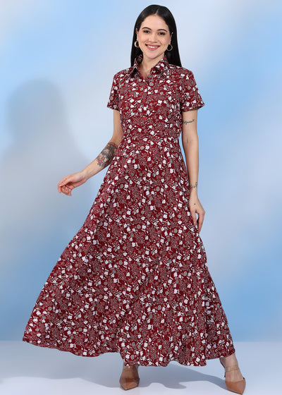 Women’s Maroon & White Floral Printed Maxi Dress with Shirt Collar & Short Sleeves