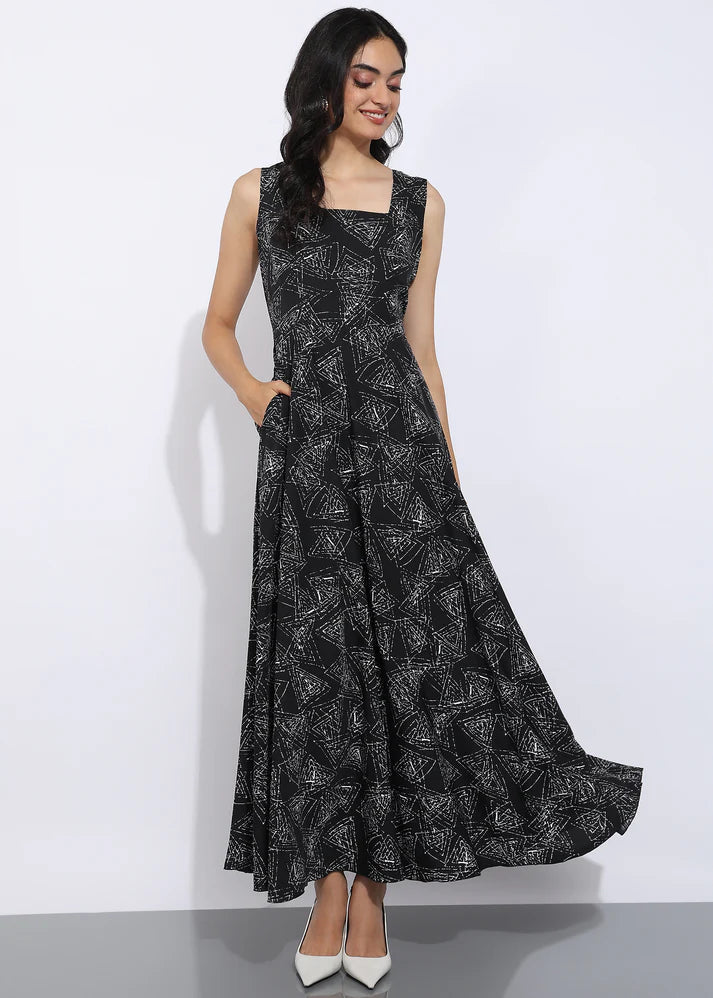 Elegant Geometric Printed Sleeveless Maxi Dress for Women
