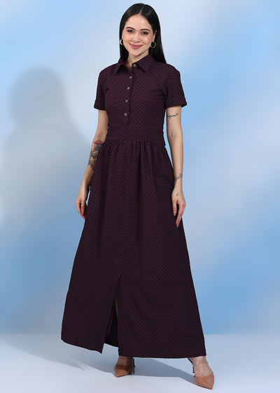 Textured Plum Purple Collared Maxi Dress | Short Sleeve Button-Down A-Line Dress with Front Slit | Work & Casual Wear