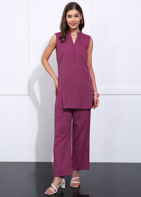 Rudraaksha Women Cotton Wine Maroon Sleeveless Kurti Pant Set | Straight Fit Co-Ord Set for Daily & Office Wear