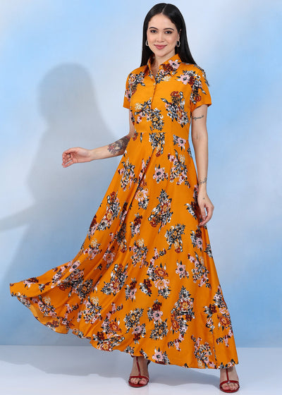 Women’s Yellow Floral Printed Maxi Dress with Shirt Collar & Short Sleeves