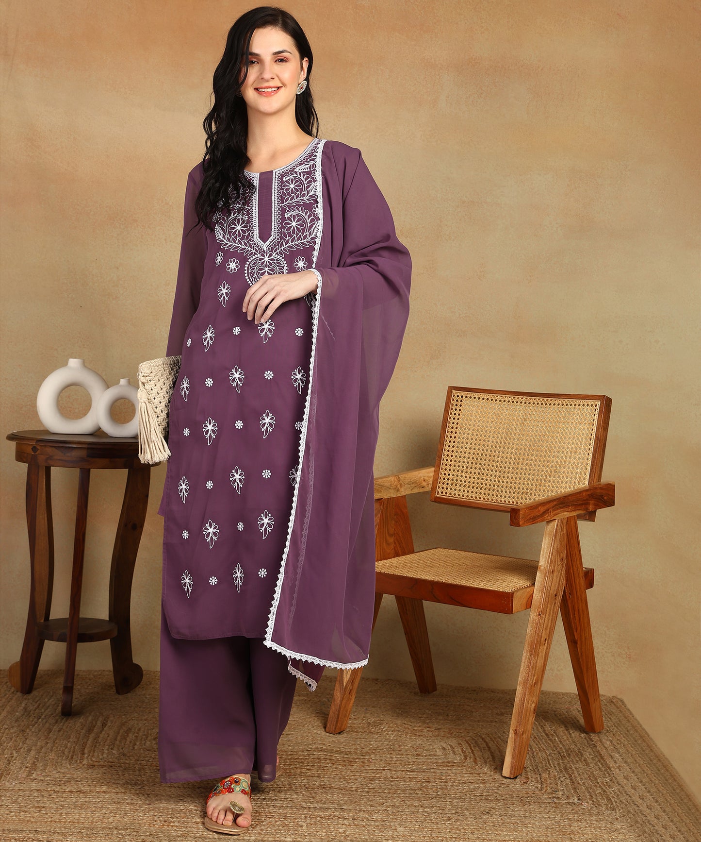 Chikankari Straight Kurta with Palazzo & Dupatta set