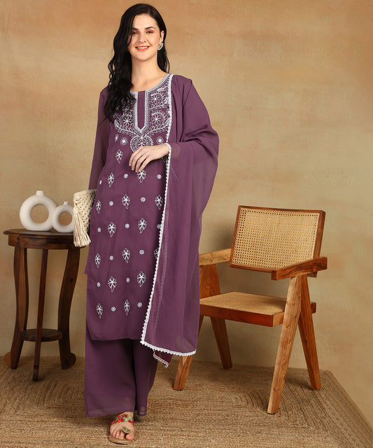 Chikankari Straight Kurta with Palazzo & Dupatta set