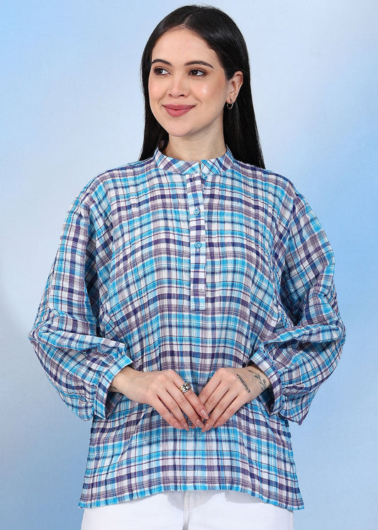 Women’s Blue & Purple Checkered Casual Cotton Shirt with Mandarin Collar RUDRAAKSHA