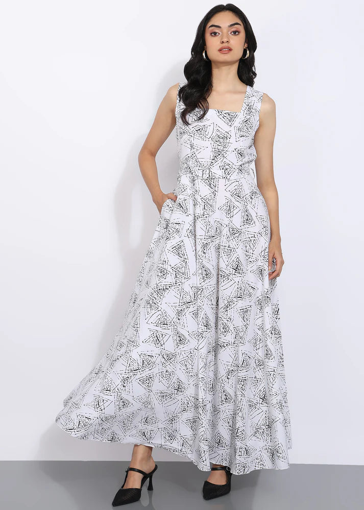 Elegant Geometric Printed Sleeveless Maxi Dress for Women