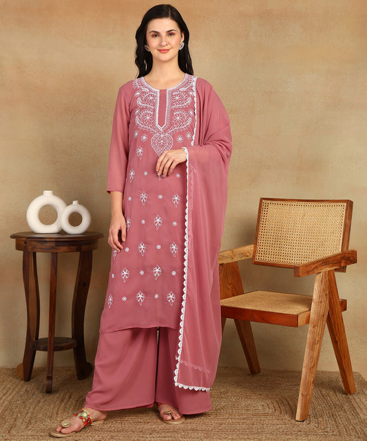 Chikankari Straight Kurta with Palazzo & Dupatta set