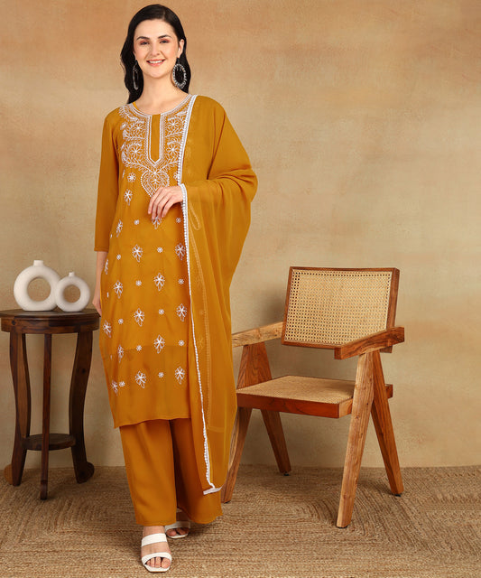 Chikankari Straight Kurta with Palazzo & Dupatta set