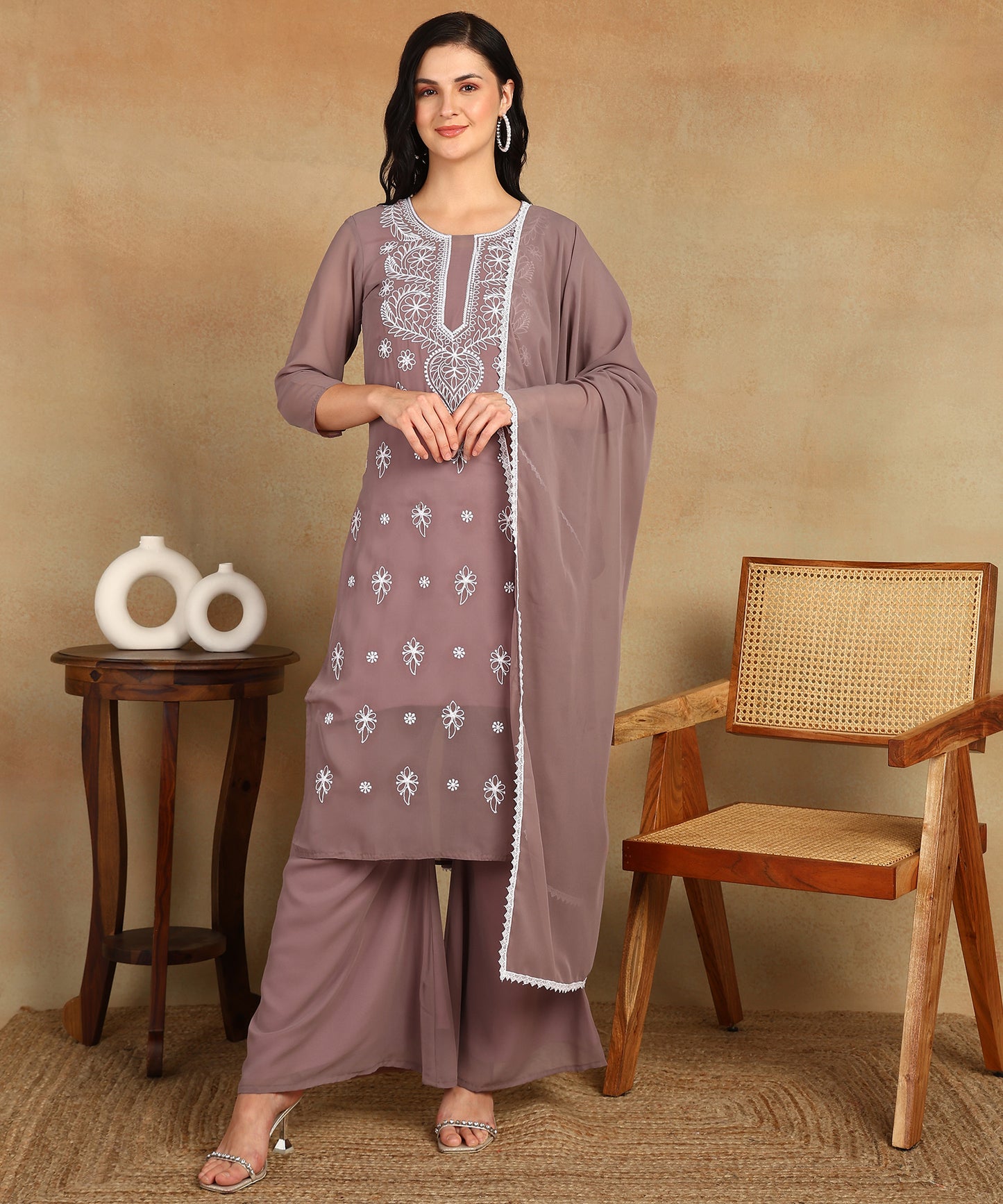 Chikankari Straight Kurta with Palazzo & Dupatta set