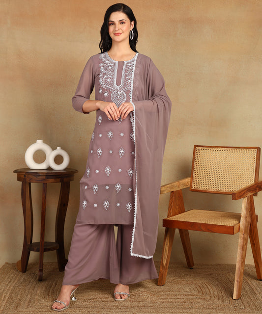 Chikankari Straight Kurta with Palazzo & Dupatta set