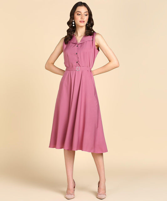 Rudraaksha Women Pink Solid Midi Dress | Sleeveless Button-Front Belted Fit & Flare Dress RUDRAAKSHA