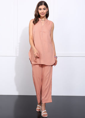 Rudraaksha Women’s Peach Sleeveless Cotton Kurta Pant Set | Striped Co-Ord Set for Women