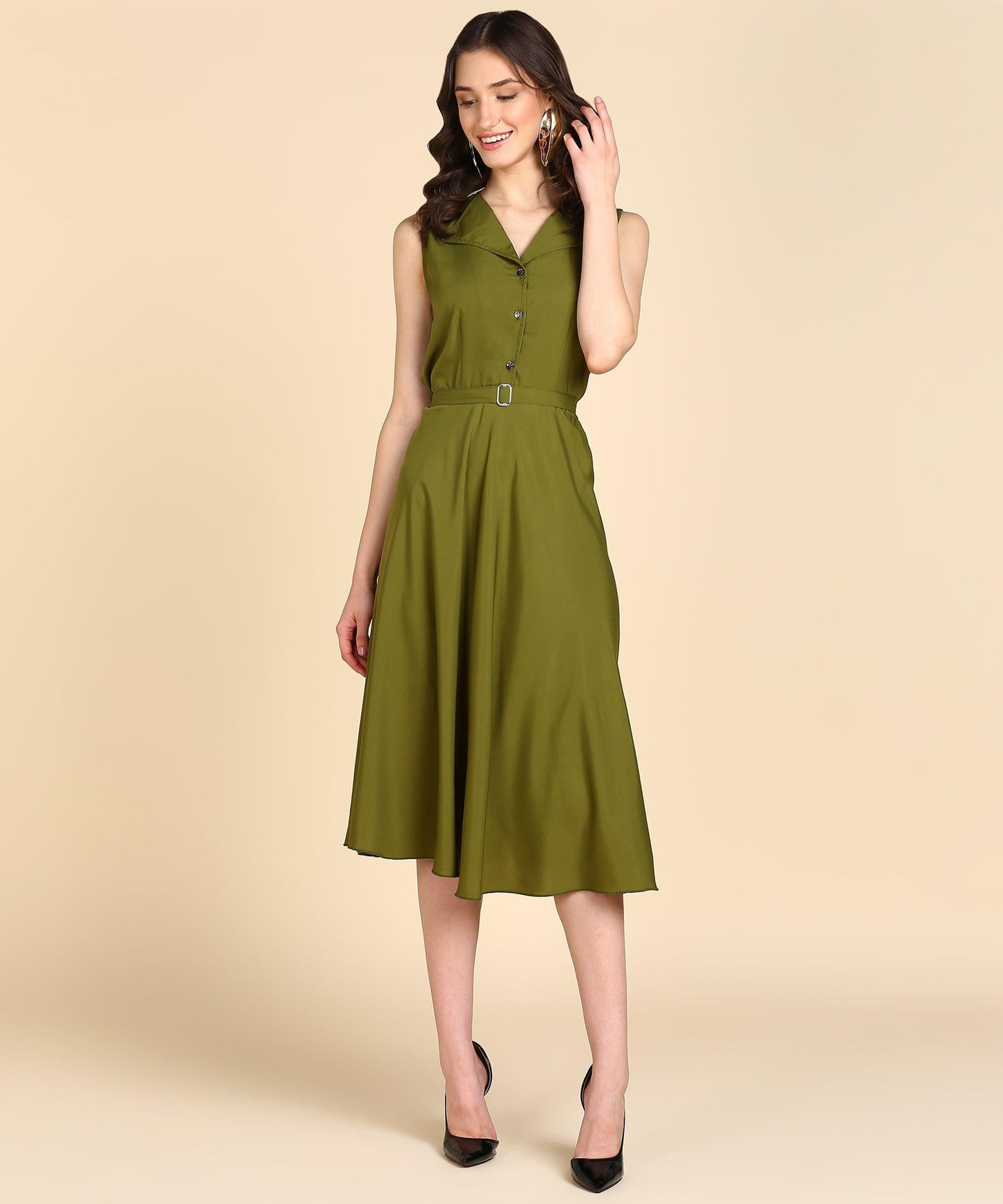Rudraaksha Women Olive Green Solid Midi Dress | Sleeveless Button-Front Belted Fit & Flare Dress RUDRAAKSHA