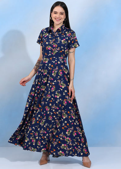 Women’s Navy Blue Floral Printed Maxi Dress with Shirt Collar & Short Sleeves