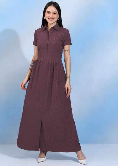 Women’s Maroon Textured Maxi Dress with Shirt Collar & Front Slit