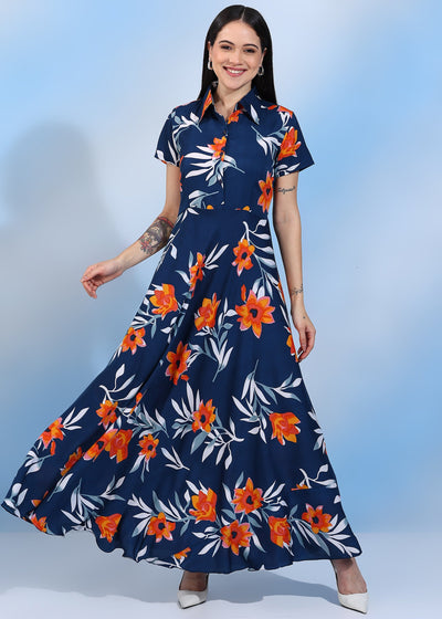 Women’s Navy Blue Floral Printed Maxi Dress with Shirt Collar & Short Sleeves