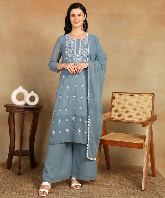 Chikankari Straight Kurta with Palazzo & Dupatta set