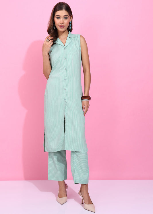 Mint Green Cotton Co-ord Set for Women | Sleeveless Kurti with Straight Pants RUDRAAKSHA