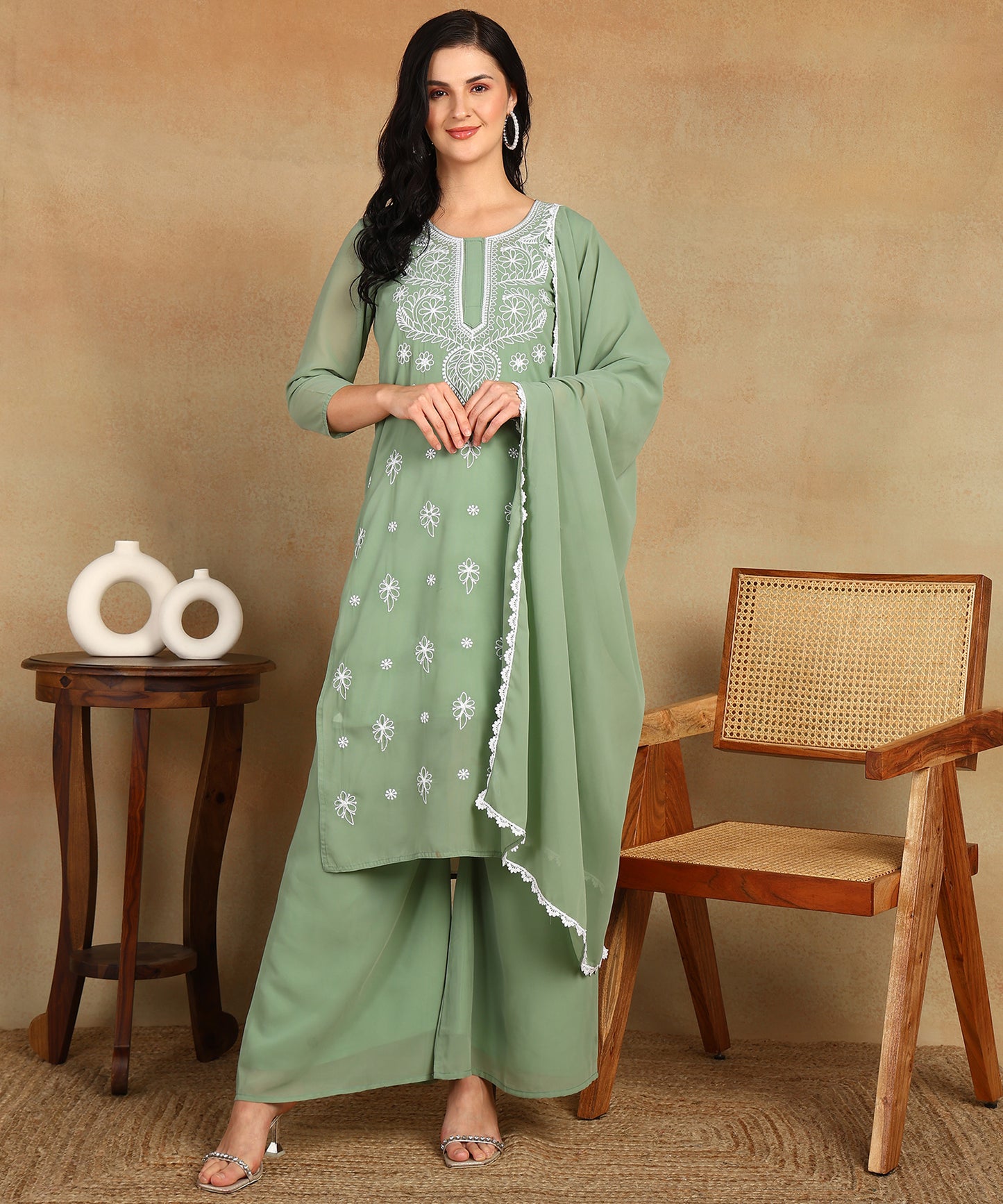 Chikankari Straight Kurta with Palazzo & Dupatta set