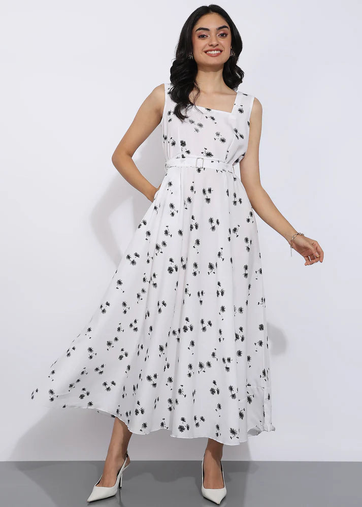Elegant White Sleeveless Floral Printed Maxi Dress for Women
