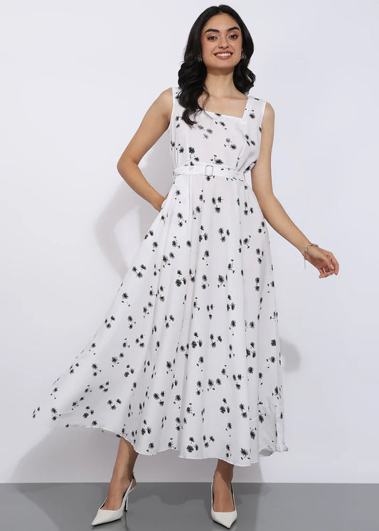 Elegant White Sleeveless Floral Printed Maxi Dress for Women
