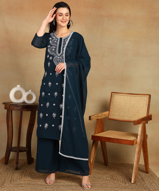 Chikankari Straight Kurta with Palazzo & Dupatta set