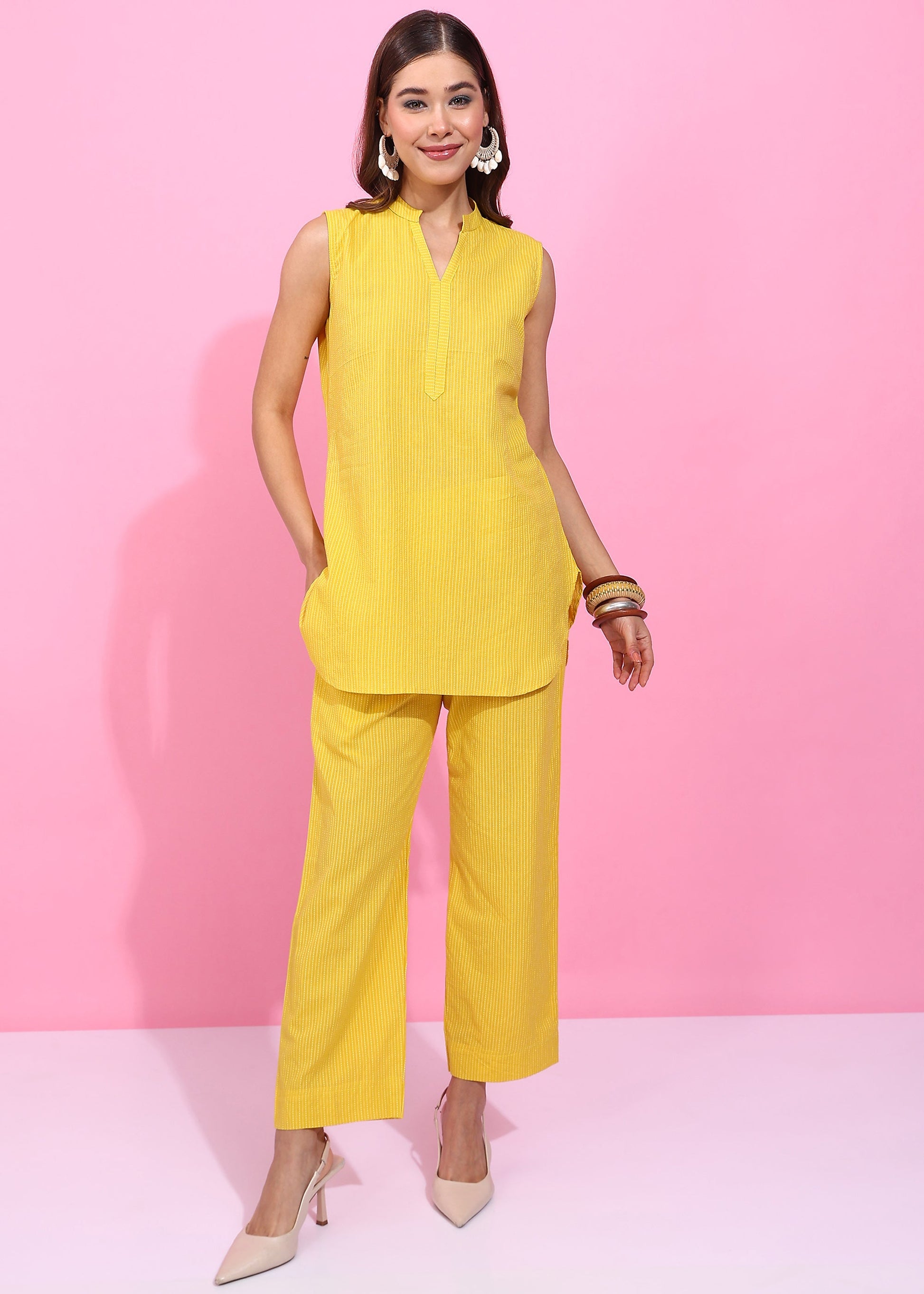 Rudraaksha Yellow Cotton Co-Ord Set for Women | Sleeveless Kurti Top & Straight Pants | Summer Wear Cotton Set RUDRAAKSHA