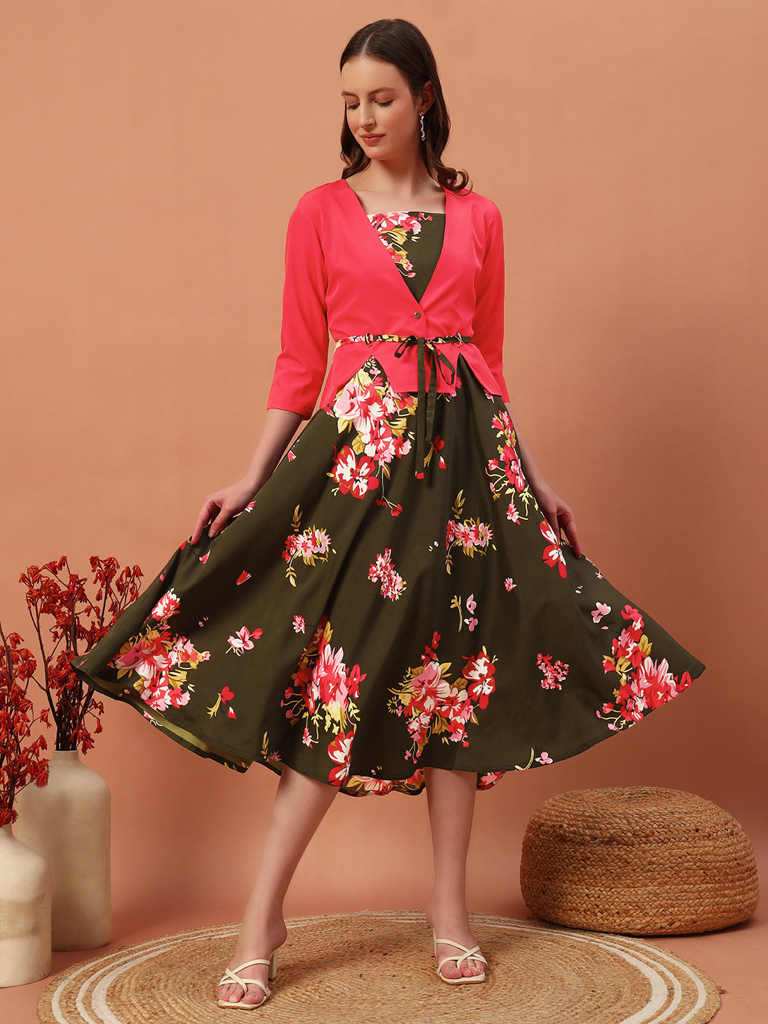 Floral Printed Drees With Shrug
