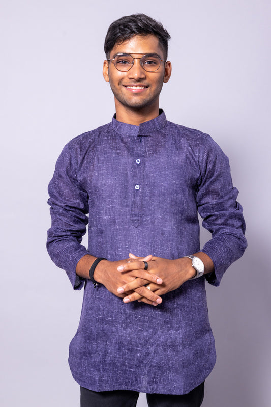 Cotton Blend Solid Casual Short Kurta for Men Long Sleeve Mandarin Collar Stylish Shirt Kurta for Men