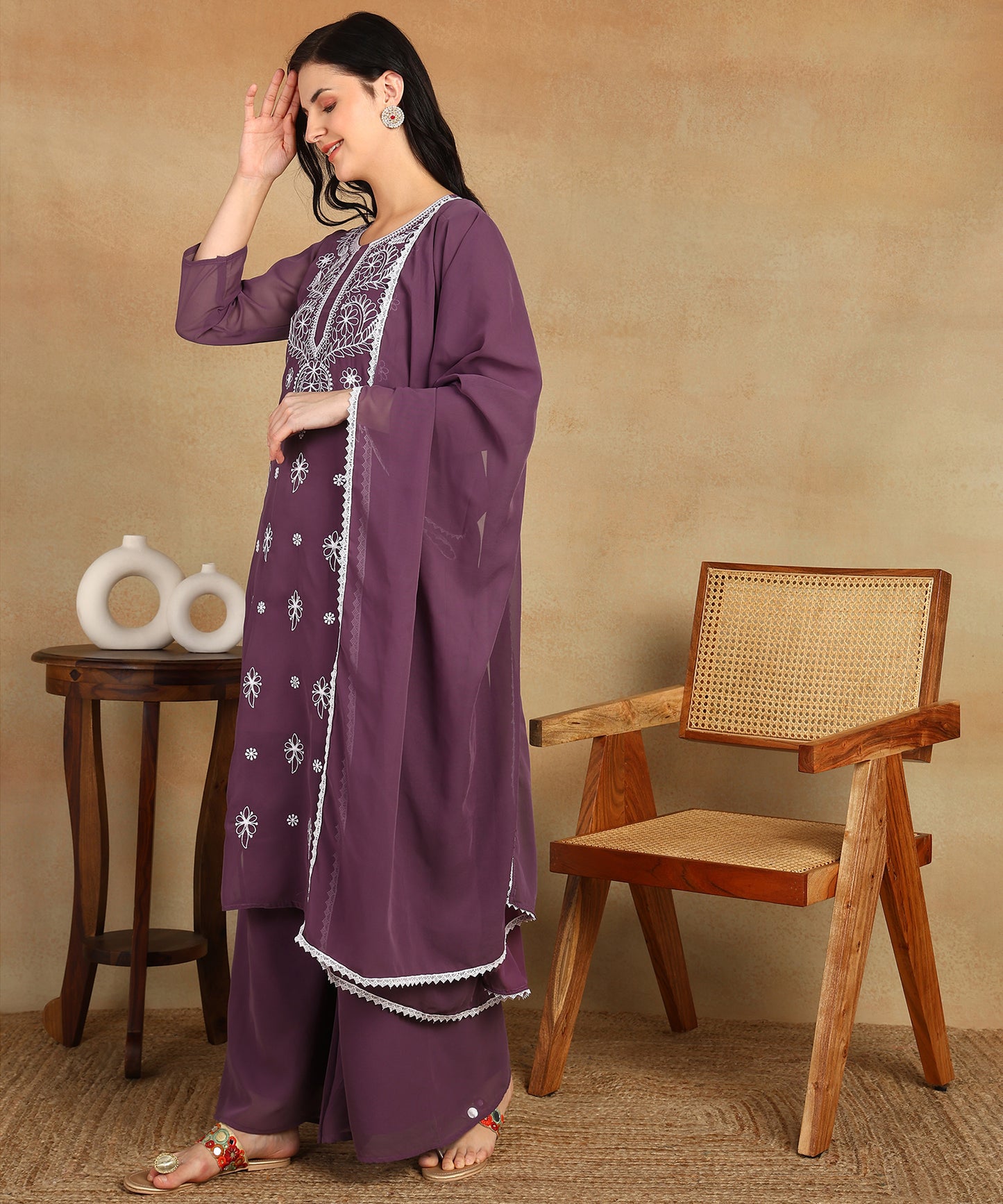 Chikankari Straight Kurta with Palazzo & Dupatta set