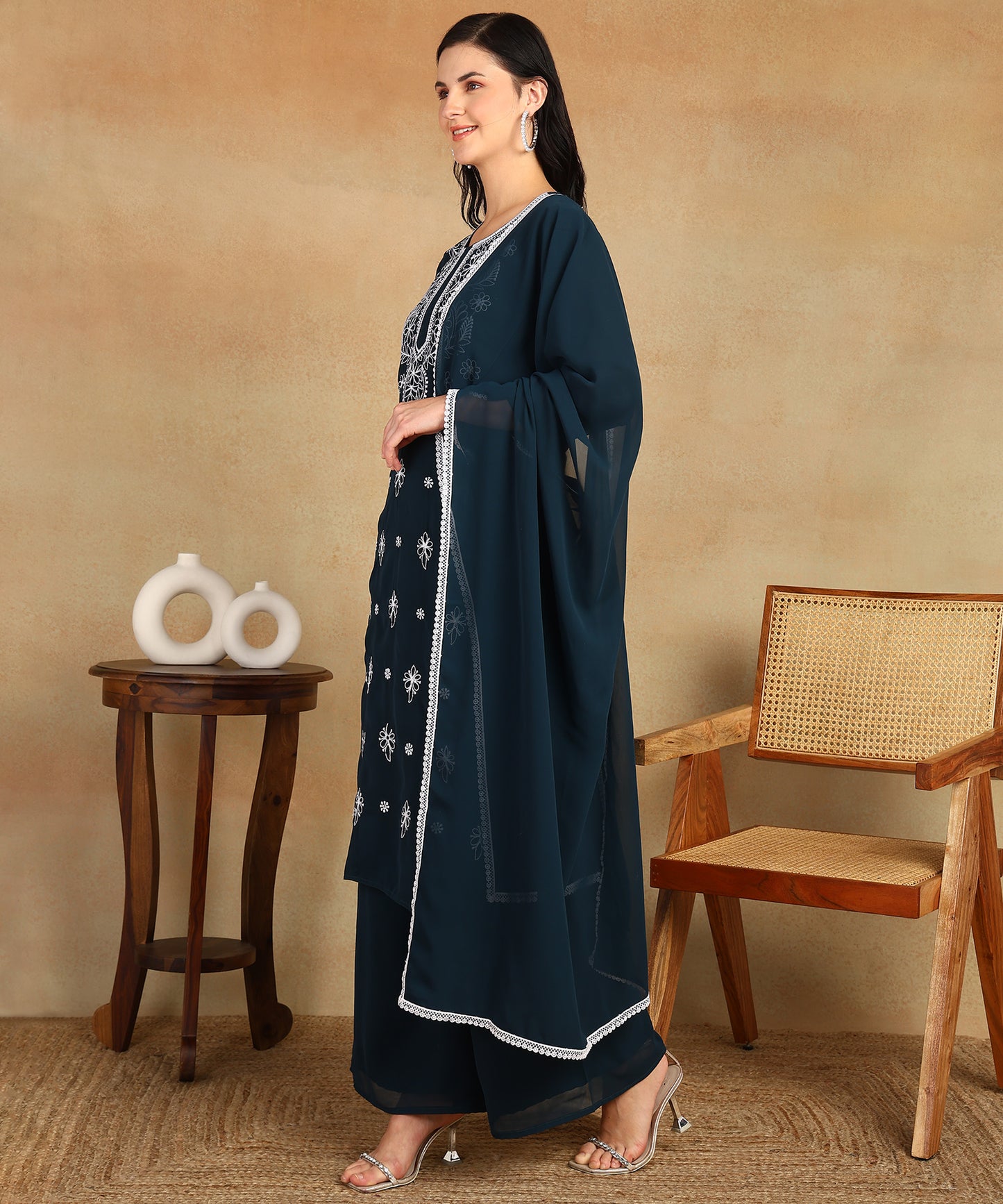 Chikankari Straight Kurta with Palazzo & Dupatta set