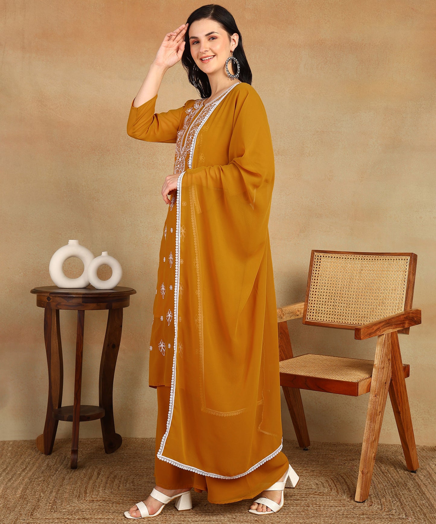 Chikankari Straight Kurta with Palazzo & Dupatta set