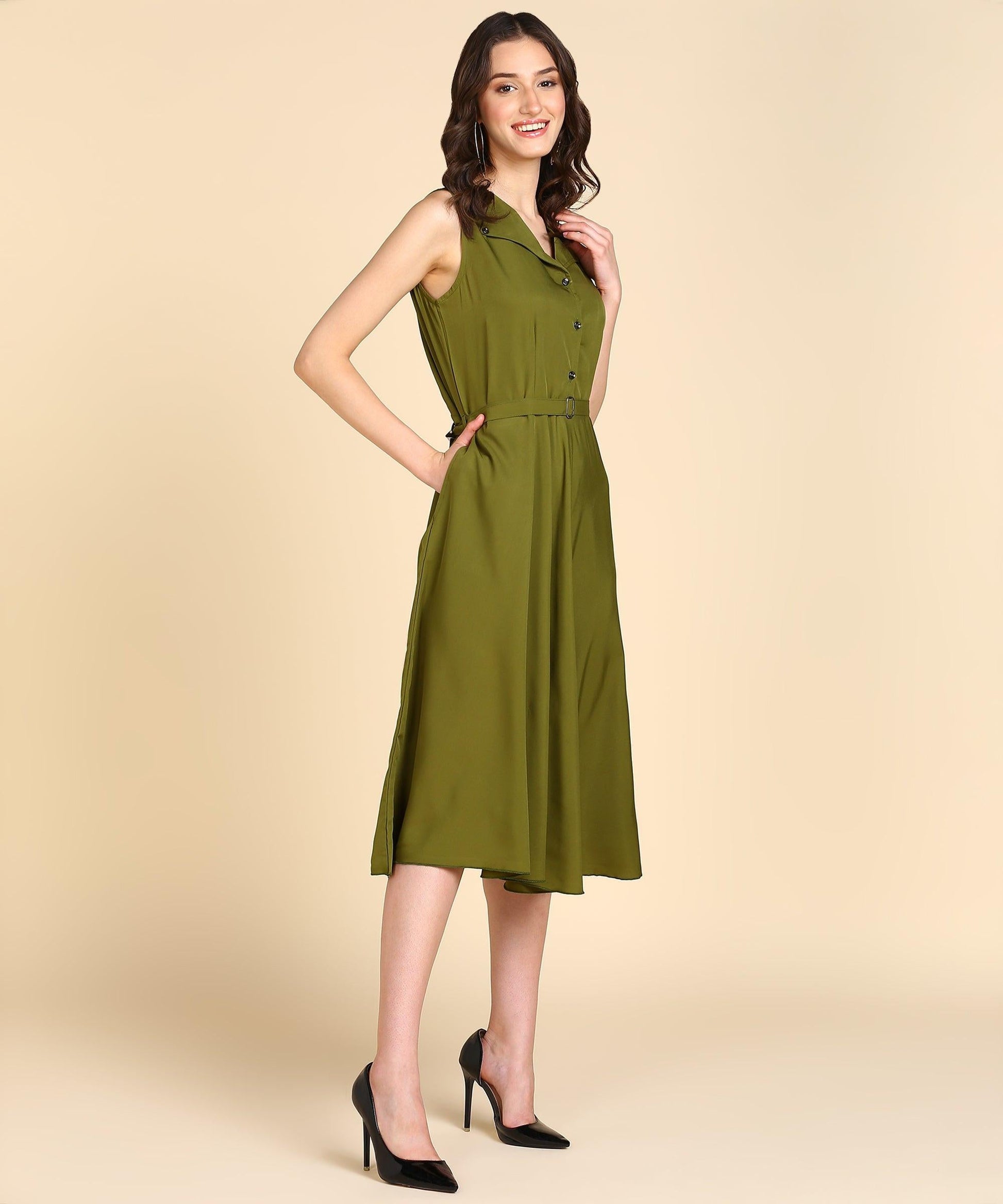 Rudraaksha Women Olive Green Solid Midi Dress | Sleeveless Button-Front Belted Fit & Flare Dress RUDRAAKSHA