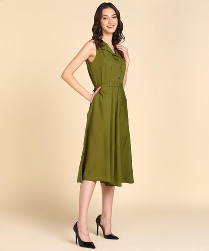 Rudraaksha Women Olive Green Solid Midi Dress | Sleeveless Button-Front Belted Fit & Flare Dress RUDRAAKSHA