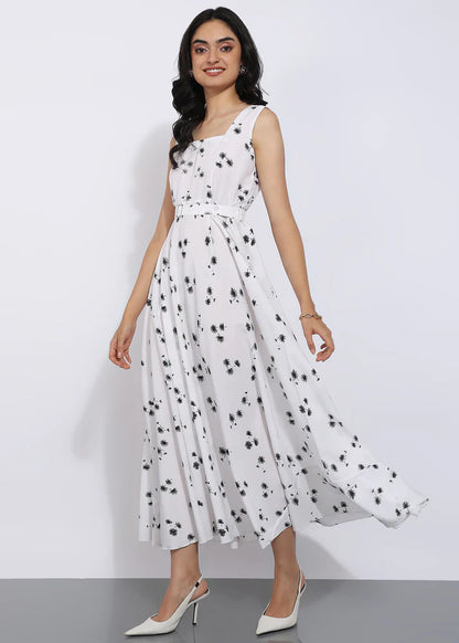 Elegant White Sleeveless Floral Printed Maxi Dress for Women