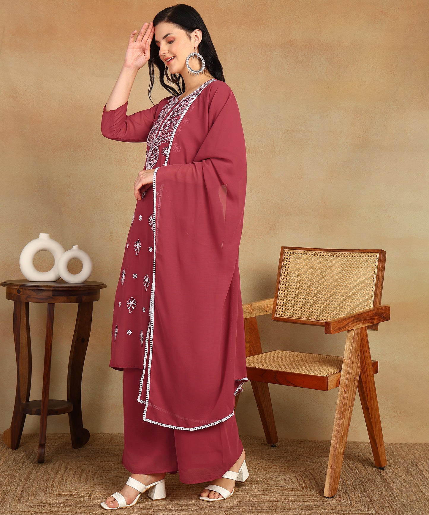 Chikankari Straight Kurta with Palazzo & Dupatta set