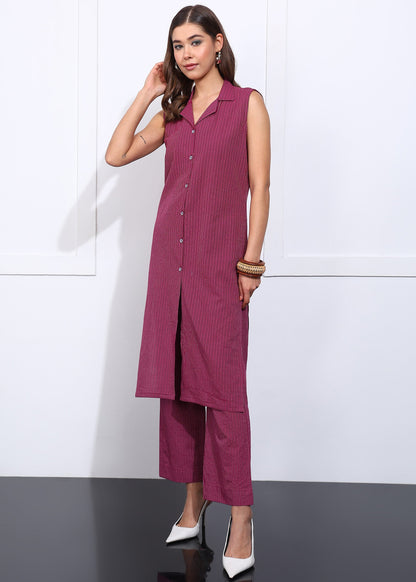 Wine Maroon Cotton Co-Ord Set for Women | Sleeveless Kurti with Straight Pants RUDRAAKSHA
