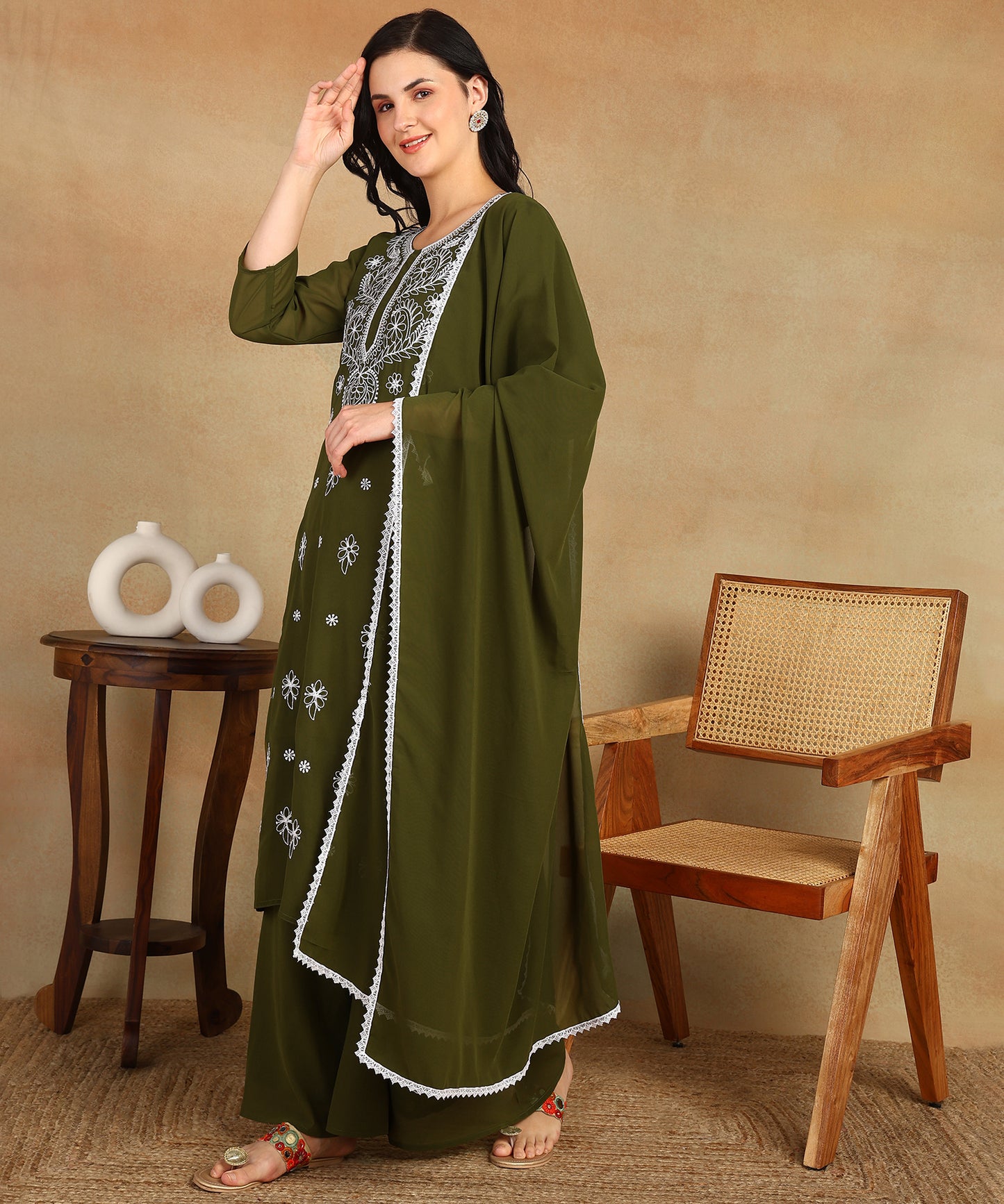 Chikankari Straight Kurta with Palazzo & Dupatta set
