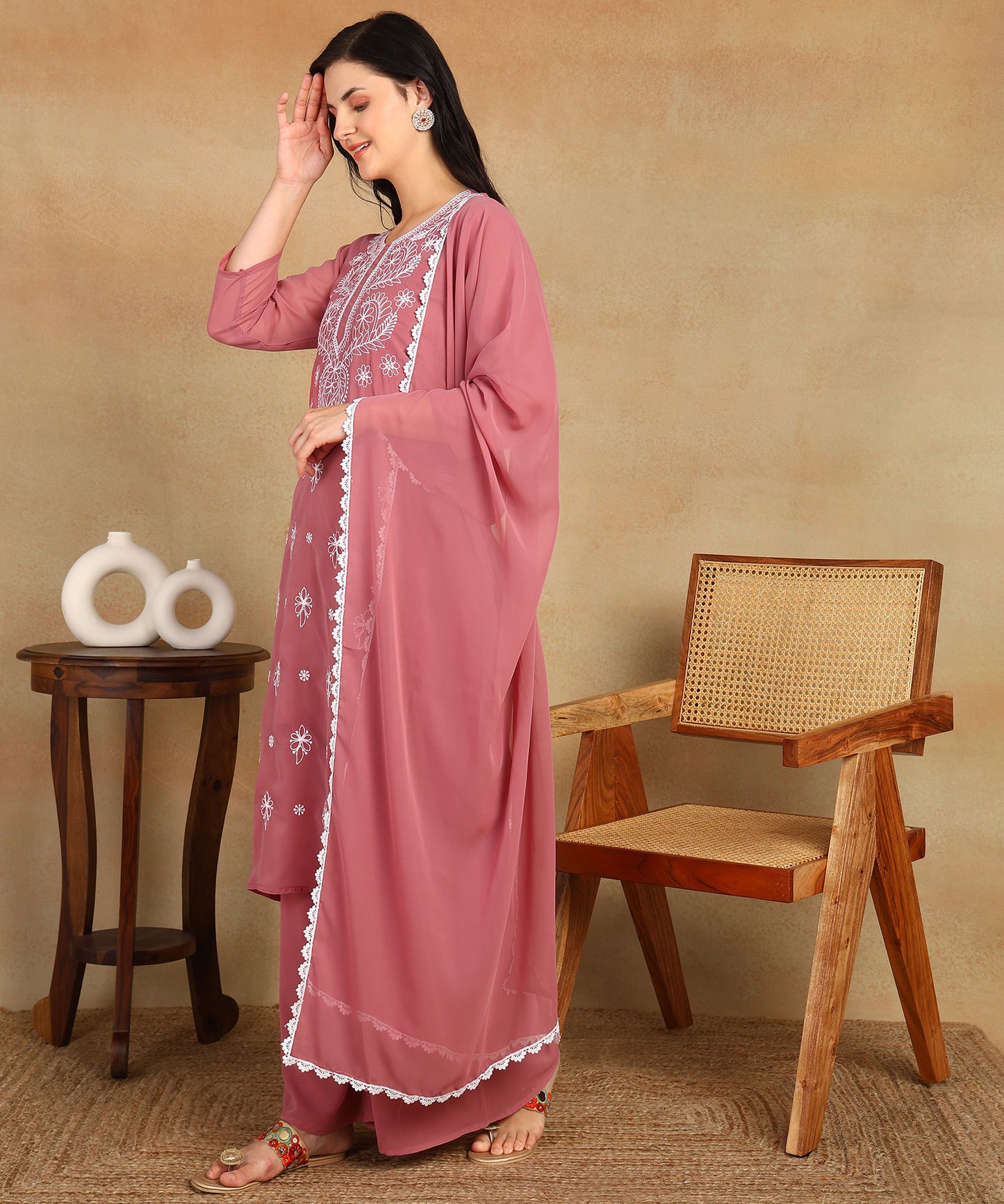 Chikankari Straight Kurta with Palazzo & Dupatta set
