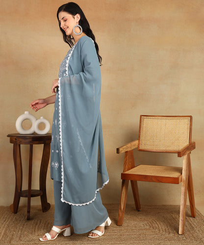Chikankari Straight Kurta with Palazzo & Dupatta set