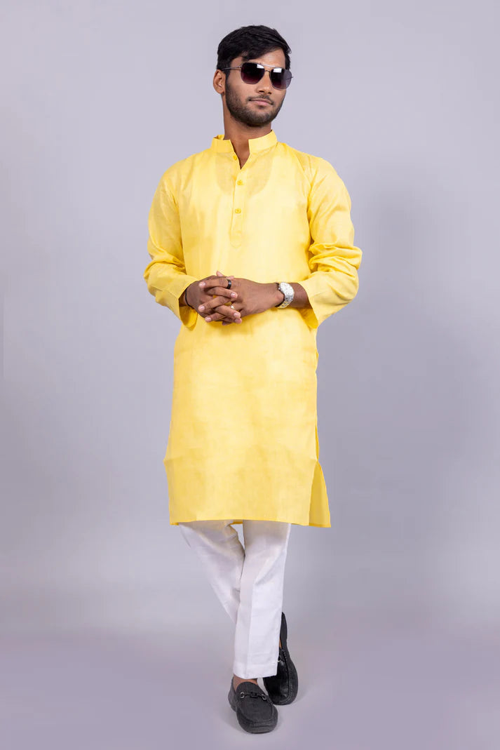 Men’s Yellow Long Cotton Kurta – Vibrant Festive Comfort in Style