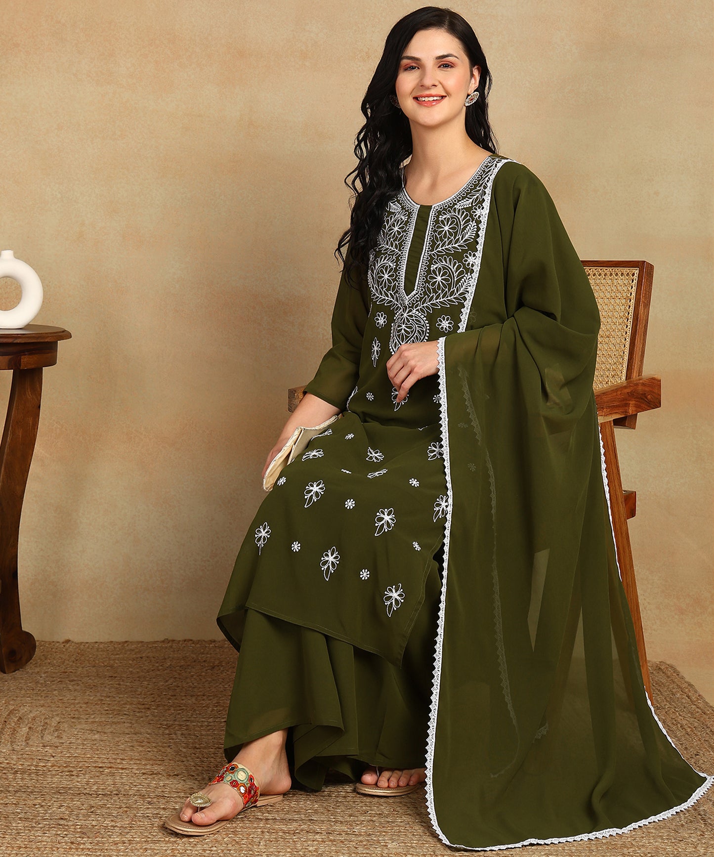 Chikankari Straight Kurta with Palazzo & Dupatta set