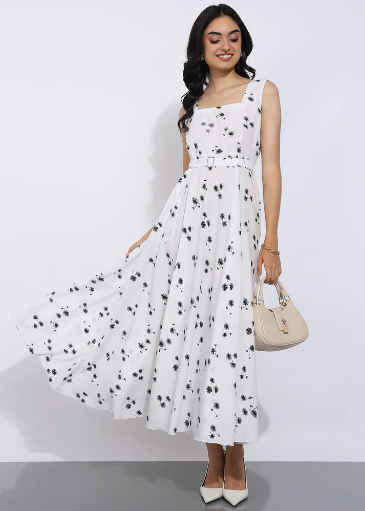 Elegant White Sleeveless Floral Printed Maxi Dress for Women