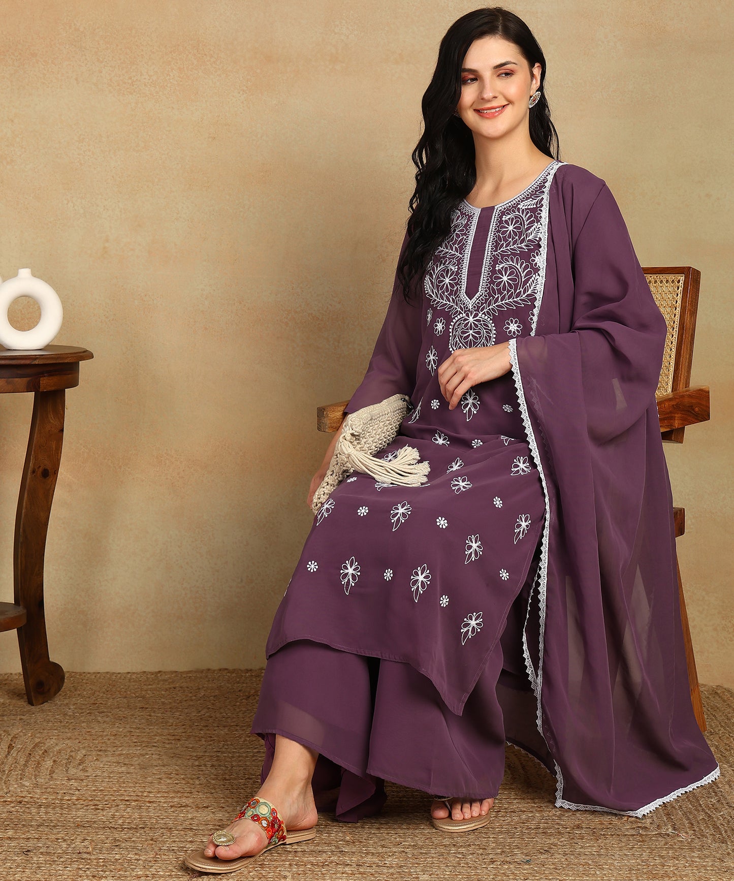 Chikankari Straight Kurta with Palazzo & Dupatta set