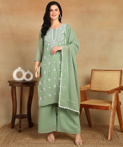 Chikankari Straight Kurta with Palazzo & Dupatta set