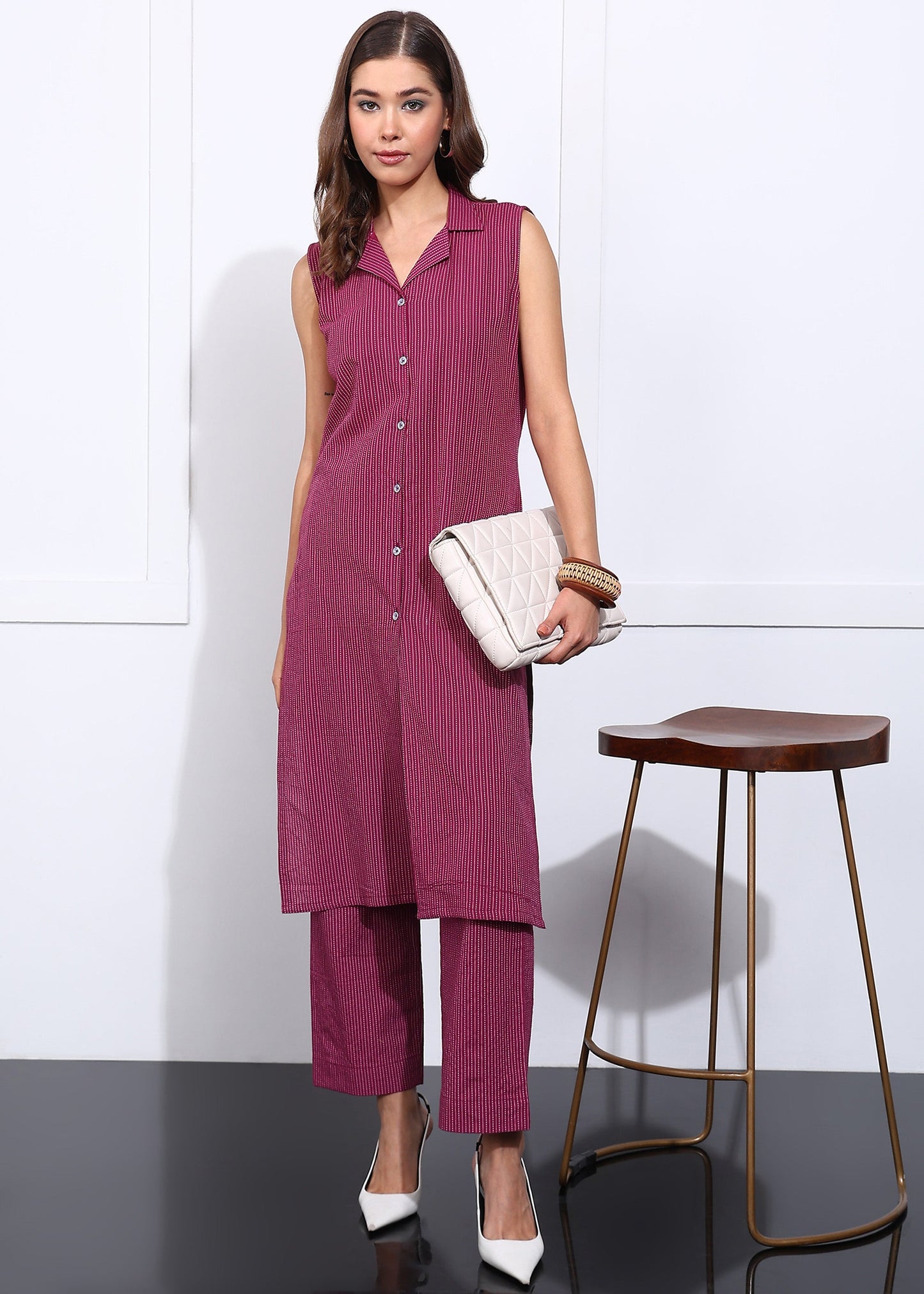 Wine Maroon Cotton Co-Ord Set for Women | Sleeveless Kurti with Straight Pants RUDRAAKSHA