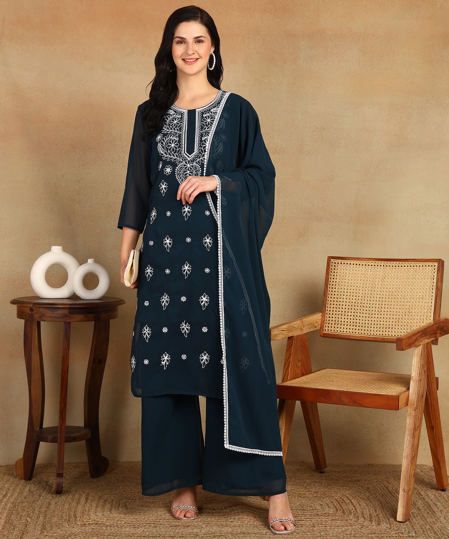 Chikankari Straight Kurta with Palazzo & Dupatta set